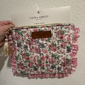 Laura Ashley Pink and Green Floral Quilted Pouch with Ruffle Trim